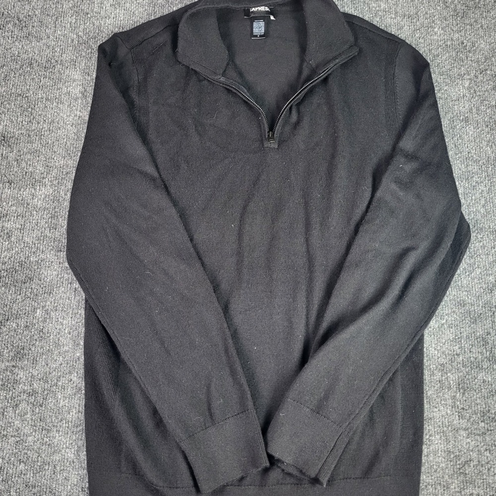 Express Conscious Edit Mens Black 100% Merino Wool Quarter Zip Sweater Size M